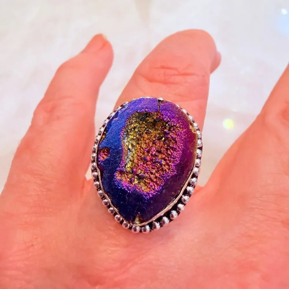 Rainbow Titanium Druzy 925 Silver Plated Ring Size 10